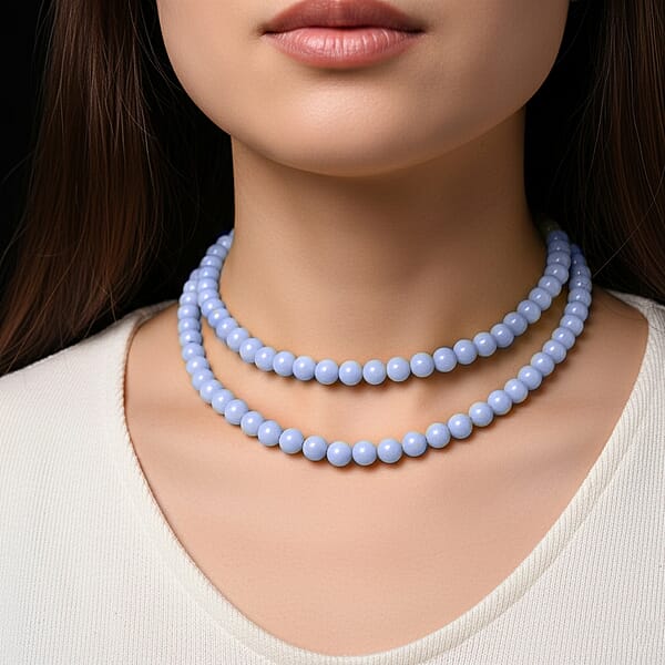 Blue Glow In Dark Beaded Necklace In Stainless Steel 340.00 Ctw (34 Inches)