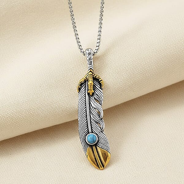 Blue Howlite 0.30 Ctw Feather Necklace In ION Plated YG And Stainless Steel 23.5 Inches