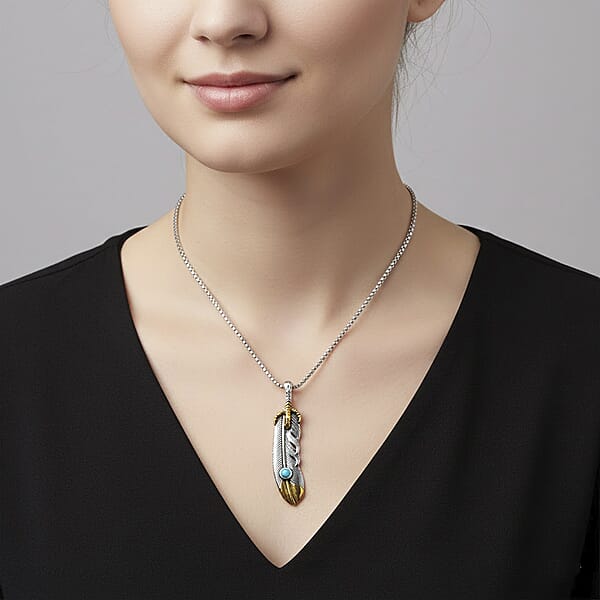 Blue Howlite 0.30 Ctw Feather Necklace In ION Plated YG And Stainless Steel 23.5 Inches
