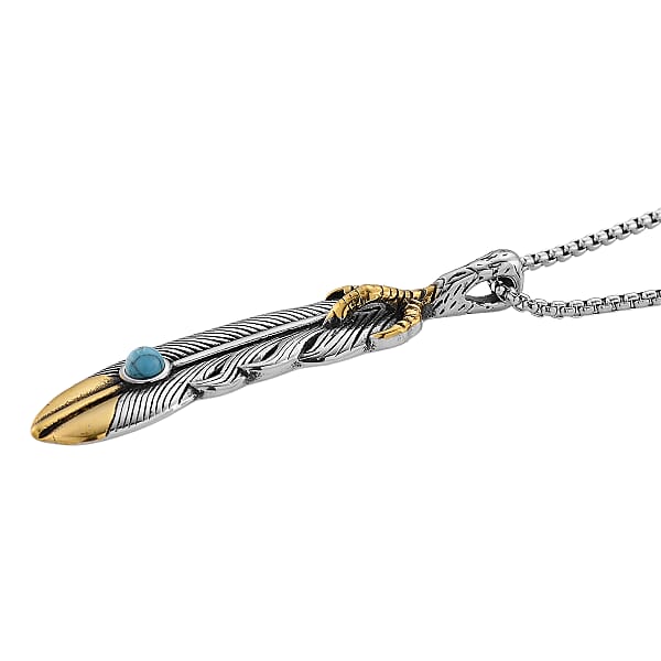 Blue Howlite 0.30 Ctw Feather Necklace In ION Plated YG And Stainless Steel 23.5 Inches