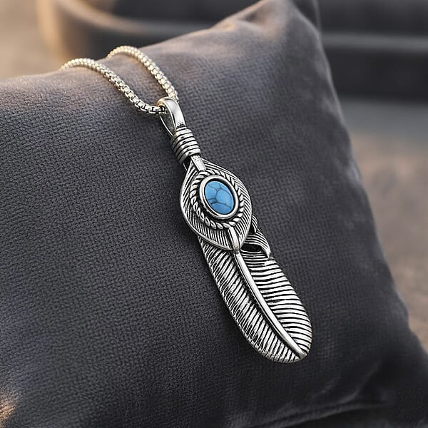 Blue Howlite 0.50 Ctw Feather Necklace In Stainless Steel 23.5 Inches
