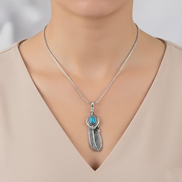 Blue Howlite 0.50 Ctw Feather Necklace In Stainless Steel 23.5 Inches