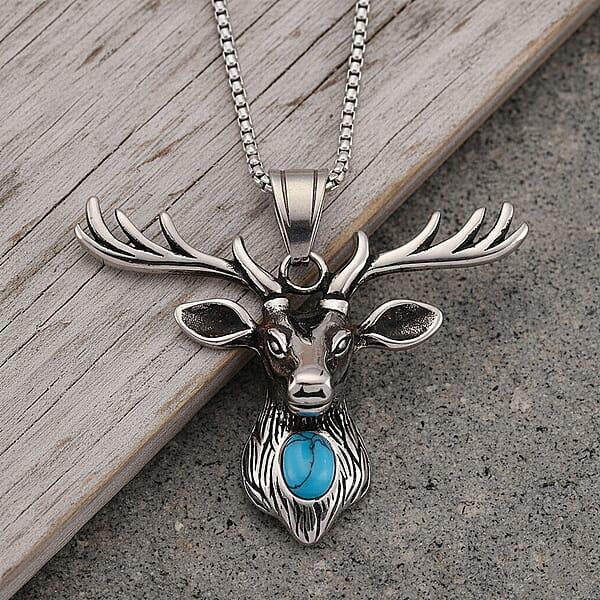 Blue Howlite 0.50 Ctw Majestic Stag Necklace In Stainless Steel 20-22 Inches