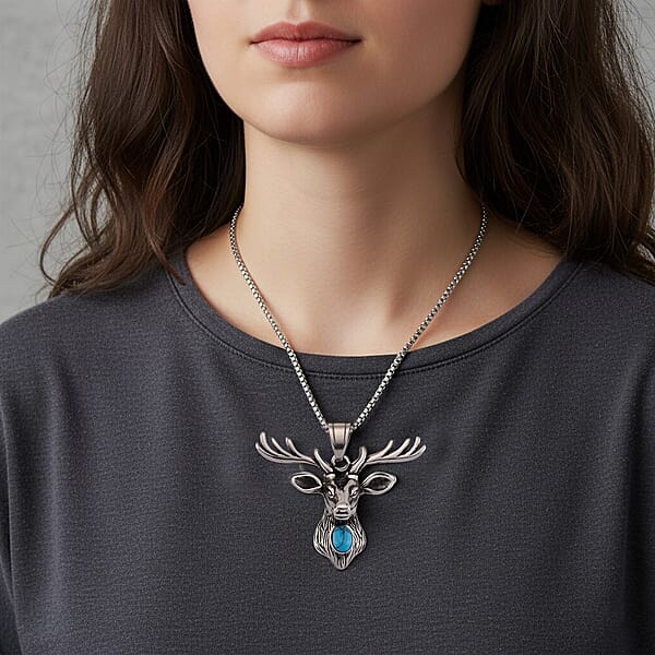 Blue Howlite 0.50 Ctw Majestic Stag Necklace In Stainless Steel 20-22 Inches