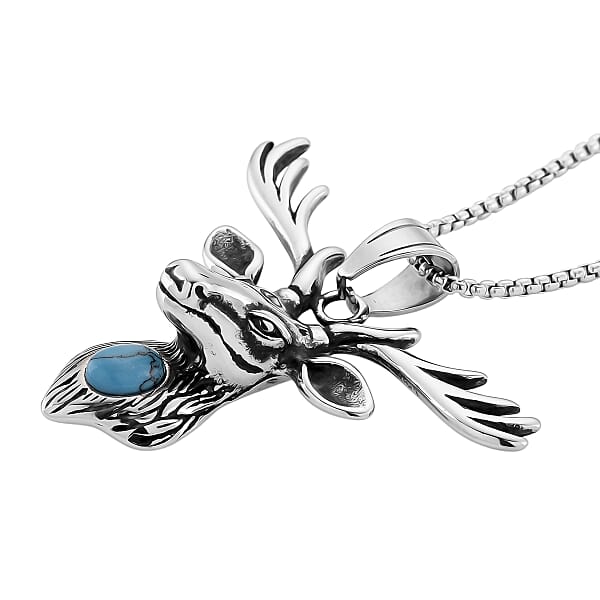 Blue Howlite 0.50 Ctw Majestic Stag Necklace In Stainless Steel 20-22 Inches