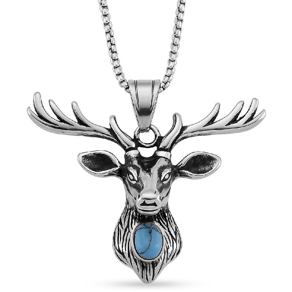 Blue Howlite 0.50 ctw Majestic Stag Necklace in Stainless Steel 20-22 Inches