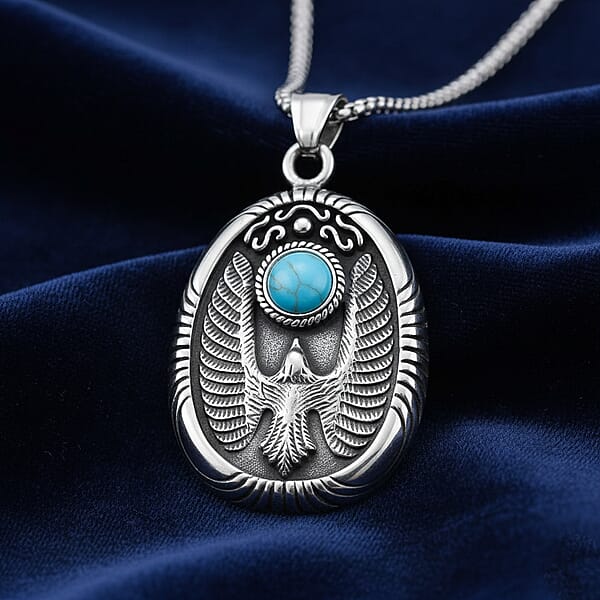 Blue Howlite 0.50 Ctw Winged Scarab Necklace In Stainless Steel 23.5 Inches