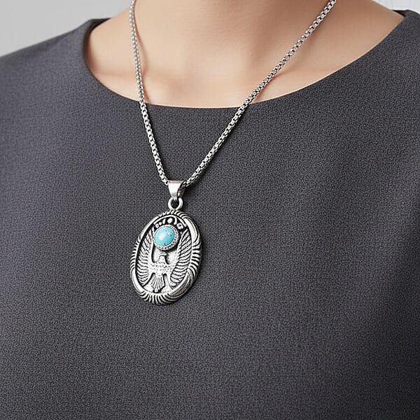 Blue Howlite 0.50 Ctw Winged Scarab Necklace In Stainless Steel 23.5 Inches