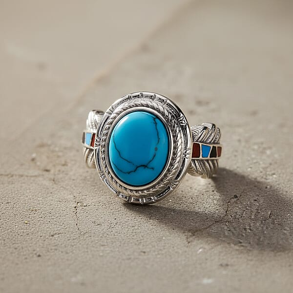 Blue Howlite 1.50 Ctw And Enameled Feather Ring In Stainless Steel