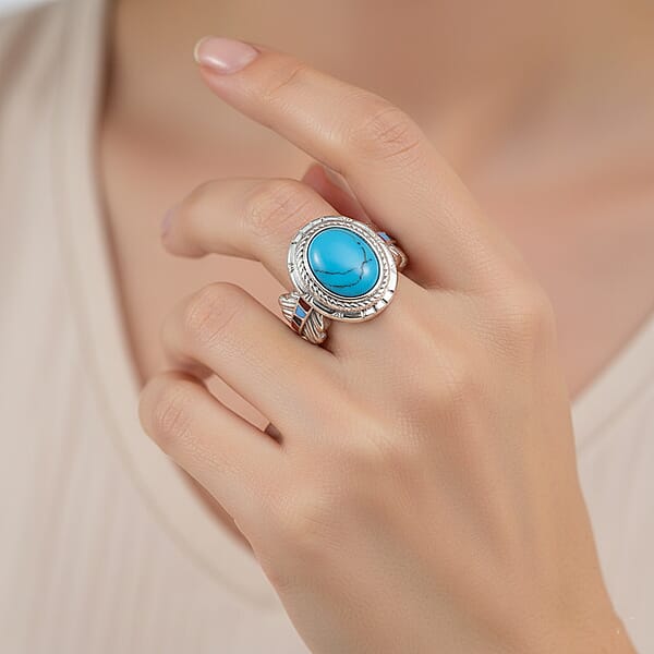 Blue Howlite 1.50 Ctw And Enameled Feather Ring In Stainless Steel