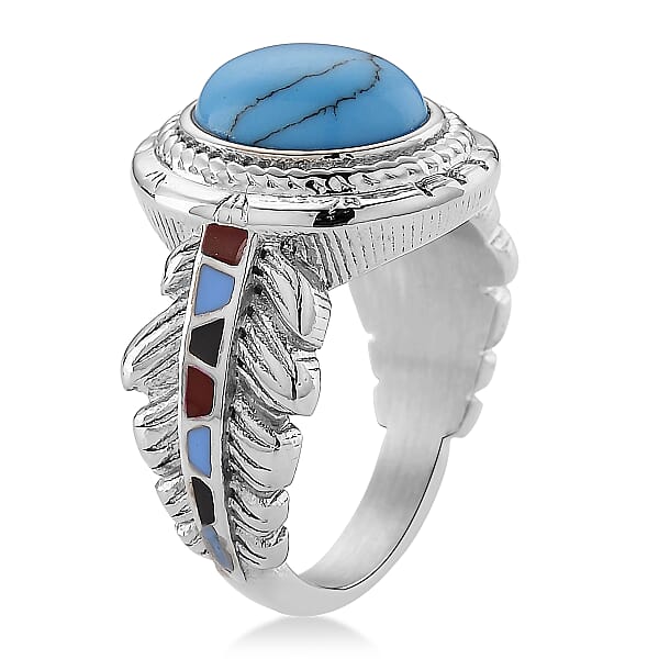 Blue Howlite 1.50 Ctw And Enameled Feather Ring In Stainless Steel
