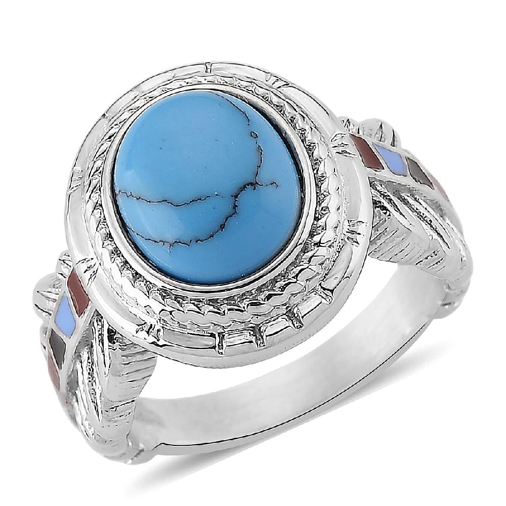 Blue Howlite 1.50 ctw and Enameled Feather Ring in Stainless Steel