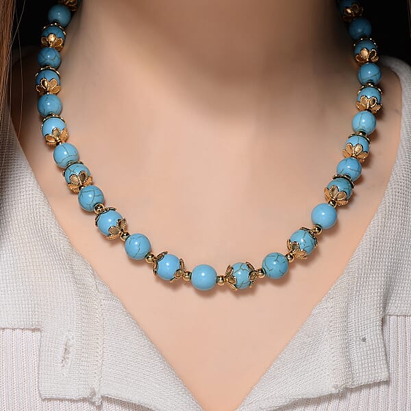 Blue Howlite 230.00 Ctw Beaded Necklace With Owl Charm In Goldtone 18 Inches