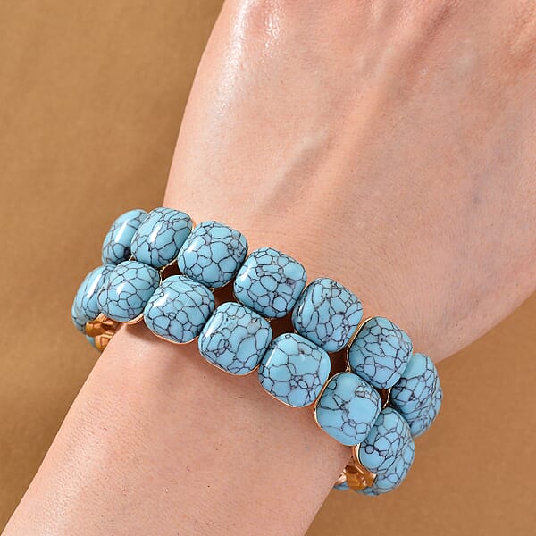 Blue Howlite 34.00 Ctw Stretch 2 Row Bangle Bracelet In Goldtone (6.50-7.0In)