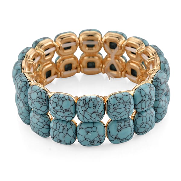 Blue Howlite 34.00 Ctw Stretch 2 Row Bangle Bracelet In Goldtone (6.50-7.0In)