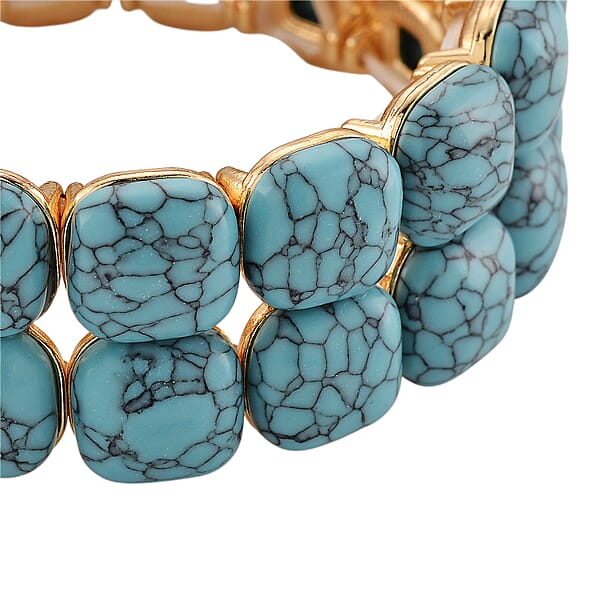 Blue Howlite 34.00 Ctw Stretch 2 Row Bangle Bracelet In Goldtone (6.50-7.0In)