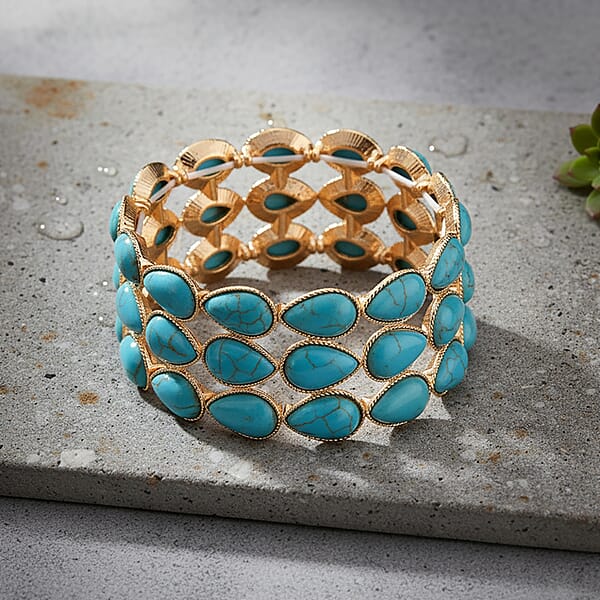 Blue Howlite 34.00 Ctw Stretch 3 Row Bangle Bracelet In Goldtone (6.50-7.0In)