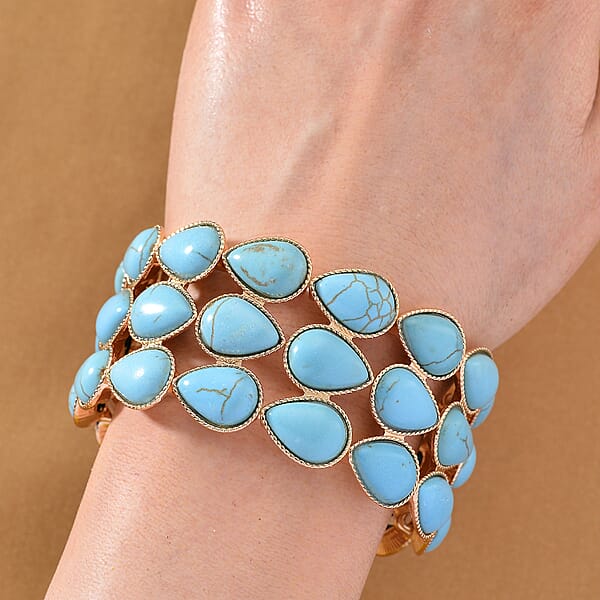Blue Howlite 34.00 Ctw Stretch 3 Row Bangle Bracelet In Goldtone (6.50-7.0In)