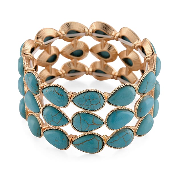 Blue Howlite 34.00 Ctw Stretch 3 Row Bangle Bracelet In Goldtone (6.50-7.0In)