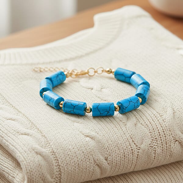 Blue Howlite Barrel Bracelet In Goldtone 93.65 Ctw (7-9 Inches)