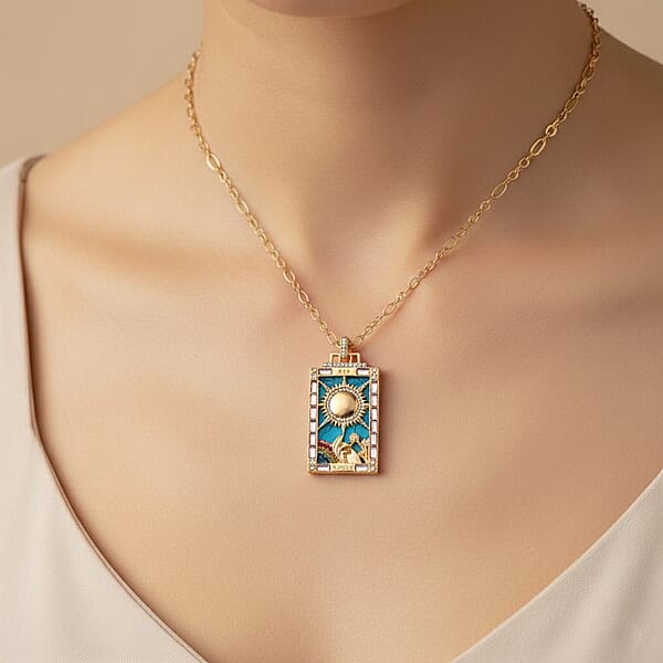 Blue Howlite Multi Color Austrian Crystal Sun Of Destiny Tarot Necklace In Goldtone 1.50 Ctw (24 Inches)