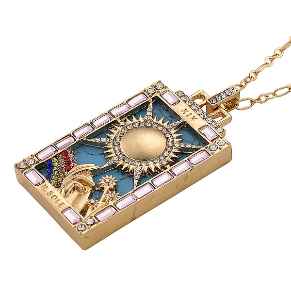 Blue Howlite Multi Color Austrian Crystal Sun Of Destiny Tarot Necklace In Goldtone 1.50 Ctw (24 Inches)