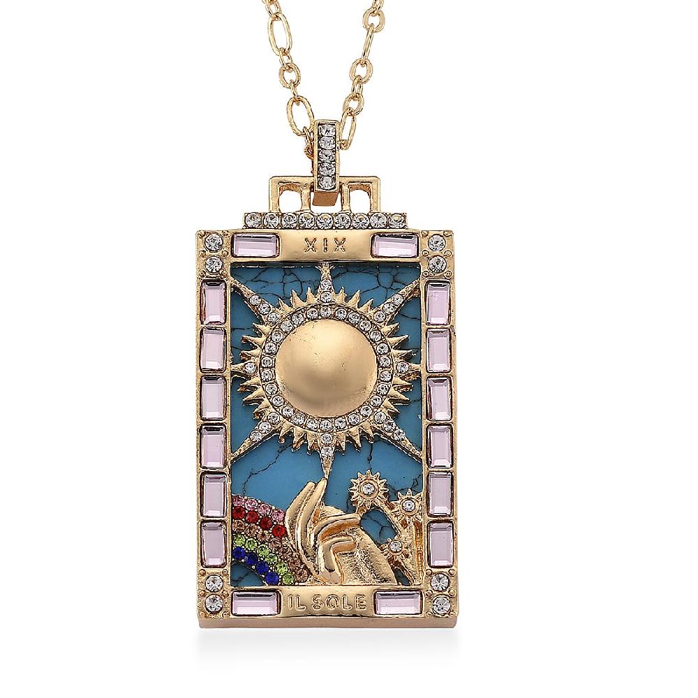 Blue Howlite Multi Color Austrian Crystal Sun of Destiny Tarot Necklace in Goldtone 1.50 ctw (24 Inches)