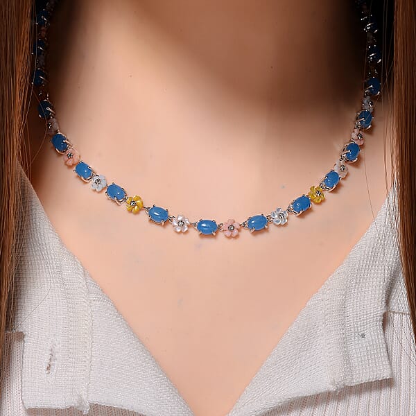 Blue Jade (D) 28.00 Ctw And Multi Color Mother Of Pearl Carved Floral Necklace In Rhodium Over Sterling Silver 18 Inches