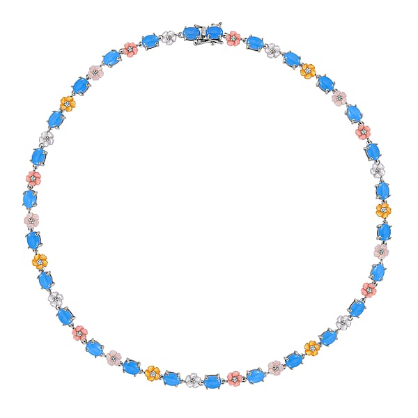 Blue Jade (D) 28.00 Ctw And Multi Color Mother Of Pearl Carved Floral Necklace In Rhodium Over Sterling Silver 18 Inches