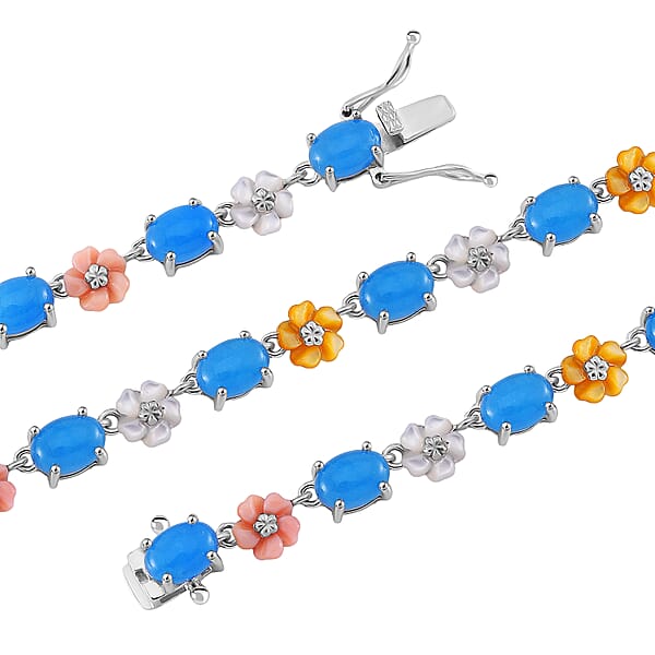 Blue Jade (D) 28.00 Ctw And Multi Color Mother Of Pearl Carved Floral Necklace In Rhodium Over Sterling Silver 18 Inches