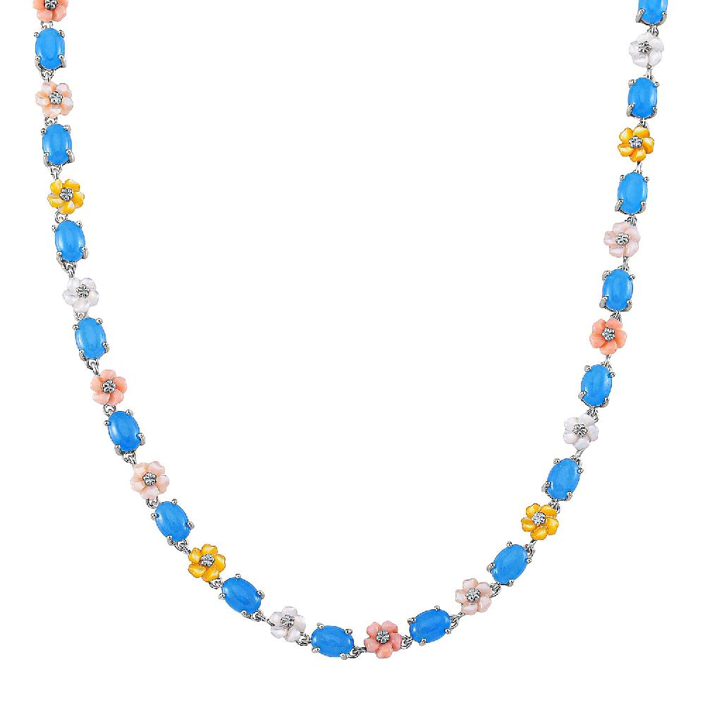 Blue Jade (D) 28.00 ctw and Multi Color Mother of Pearl Carved Floral Necklace in Rhodium Over Sterling Silver 18 Inches