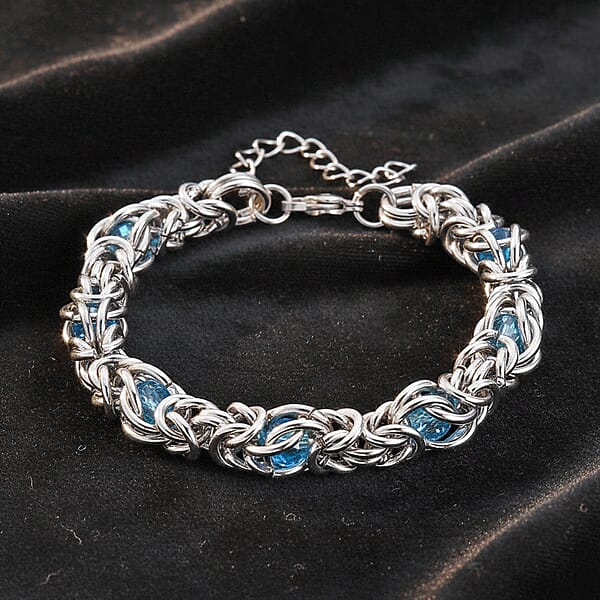 Blue Magic Color Glass Interlock Weave Chain Bracelet In Stainless Steel (8-10In)