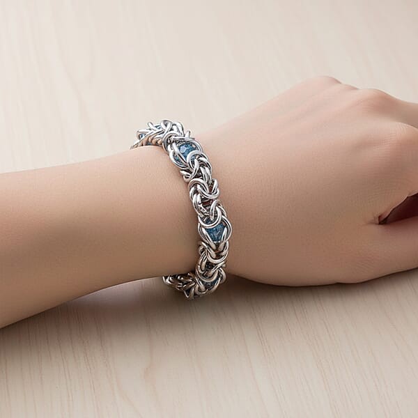 Blue Magic Color Glass Interlock Weave Chain Bracelet In Stainless Steel (8-10In)