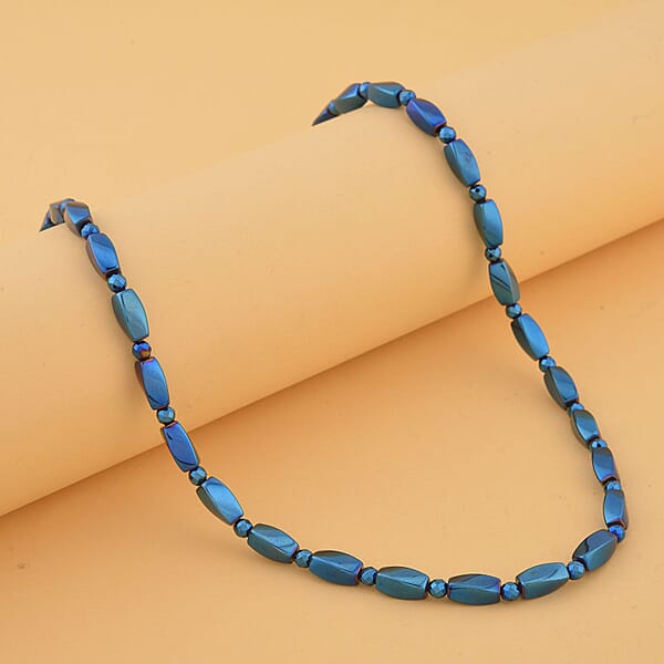 Blue Plated Hematite 221.00 Ctw Beaded Necklace With Magnetic Clasp In Silvertone 20 Inches