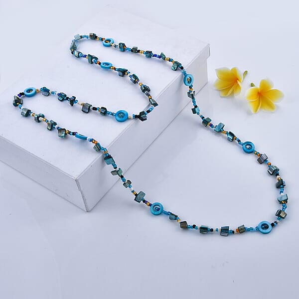 Blue Resin Multi Color Seed Beaded Endless Necklace 40 Inches