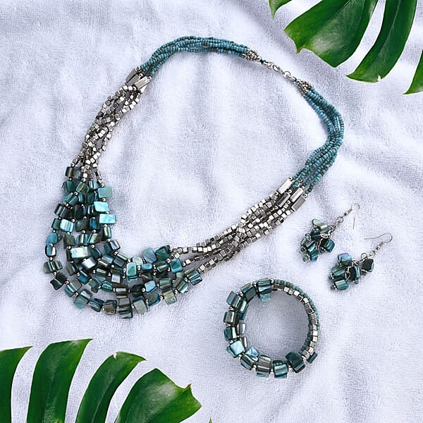 Blue Seed Bead Earrings And Wrap Bracelet And Multi Strand Necklace In Stainless Steel 22 Inches