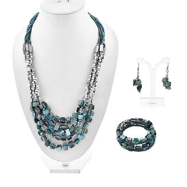 Blue Seed Bead Earrings And Wrap Bracelet And Multi Strand Necklace In Stainless Steel 22 Inches