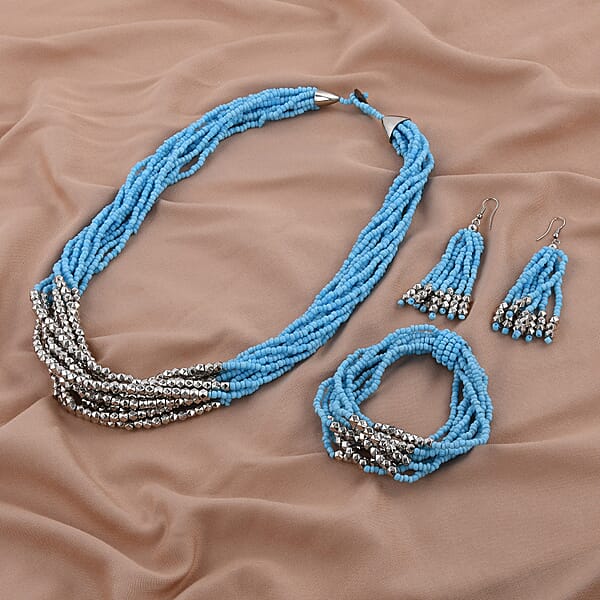 Blue Seed Beaded Multi Strand Necklace Stretch Bracelet And Earrings