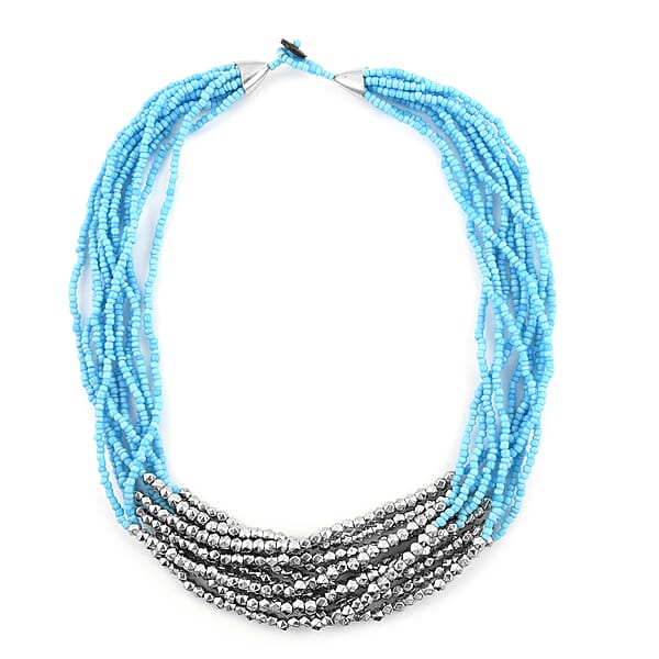 Blue Seed Beaded Multi Strand Necklace Stretch Bracelet And Earrings