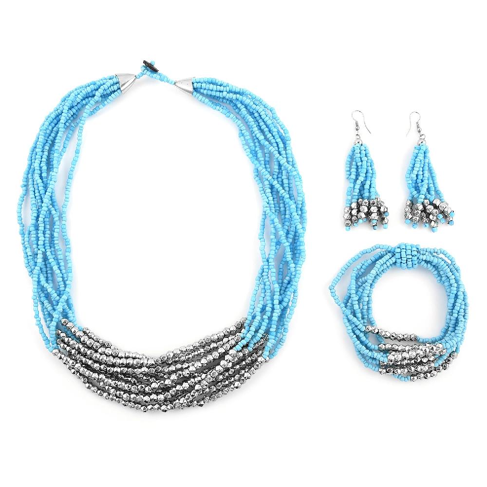 Blue Seed Beaded Multi Strand Necklace Stretch Bracelet and Earrings