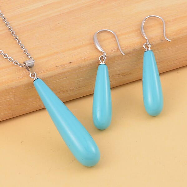 Blue Shell Pearl Drop Pendant Necklace 20 Inches And Earrings In Stainless Steel
