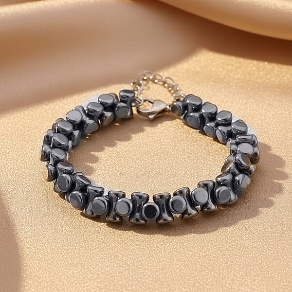 Bone Shape Terahertz 90.00 Ctw Beaded Bracelet In Stainless Steel (7-9In)