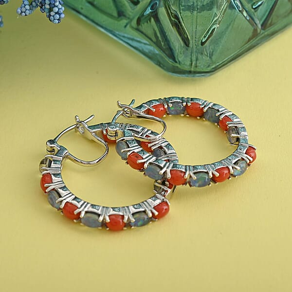 Boulder Opal Triplet And Mediterranean Coral 5.75 Ctw Hoop Earrings In Rhodium Over Sterling Silver 7.10 Grams