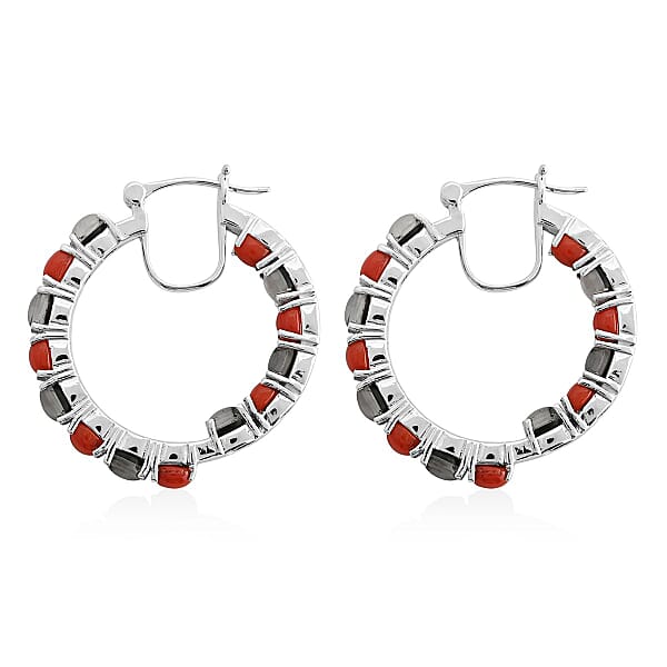 Boulder Opal Triplet And Mediterranean Coral 5.75 Ctw Hoop Earrings In Rhodium Over Sterling Silver 7.10 Grams