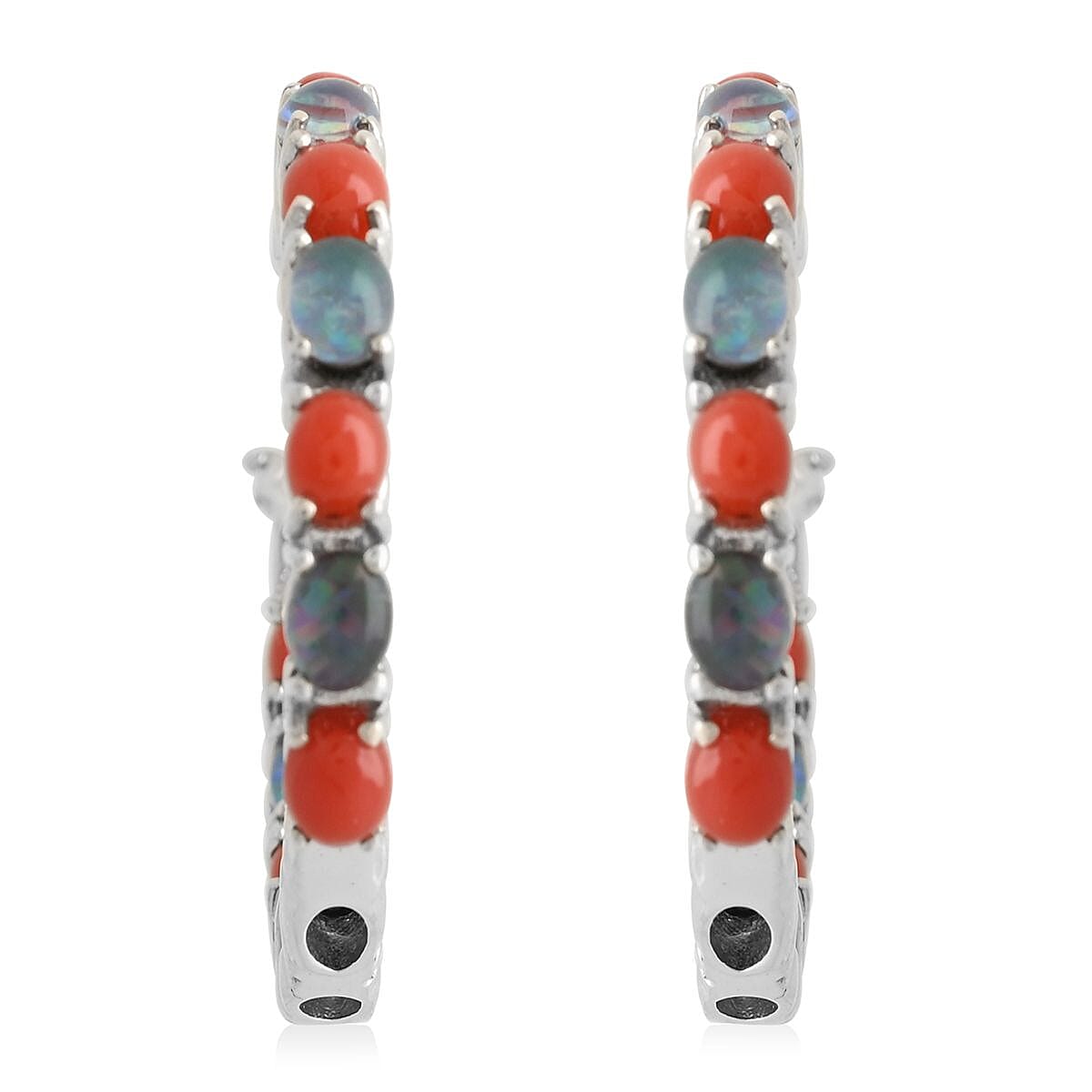 Boulder Opal Triplet and Mediterranean Coral 5.75 ctw Hoop Earrings in Rhodium Over Sterling Silver 7.10 Grams