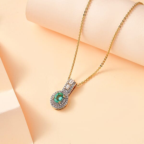 Boyaca Colombian Emerald And White Zircon 1.00 Ctw Art And Deco Pendant Necklace In 18K Vermeil Yellow Gold Over Sterling Silver 20 Inches