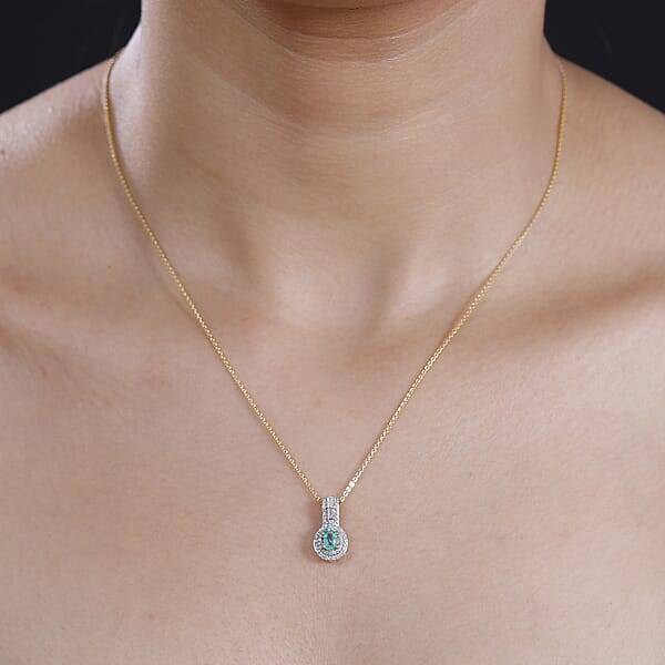 Boyaca Colombian Emerald And White Zircon 1.00 Ctw Art And Deco Pendant Necklace In 18K Vermeil Yellow Gold Over Sterling Silver 20 Inches