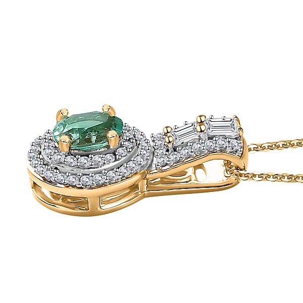 Boyaca Colombian Emerald And White Zircon 1.00 Ctw Art And Deco Pendant Necklace In 18K Vermeil Yellow Gold Over Sterling Silver 20 Inches