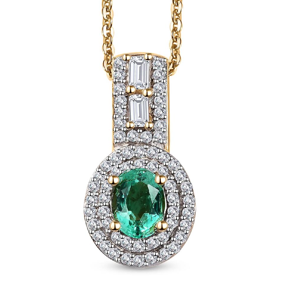Boyaca Colombian Emerald and White Zircon 1.00 ctw Art and Deco Pendant Necklace in 18K Vermeil Yellow Gold Over Sterling Silver 20 Inches