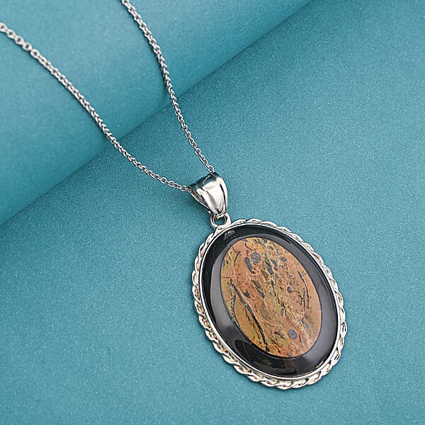 Bradiopods Fossil Blackstone Pendant Necklace (20 Inches) In Stainless Steel 46.00 Ctw